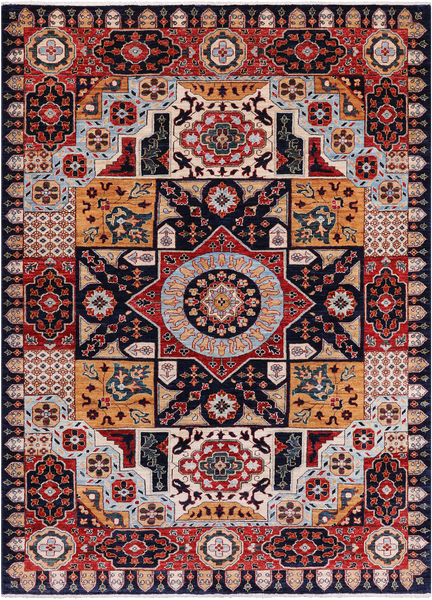 Blue Geometric Persian Mamluk Handmade Wool Rug - 5' 7" X 7' 9"