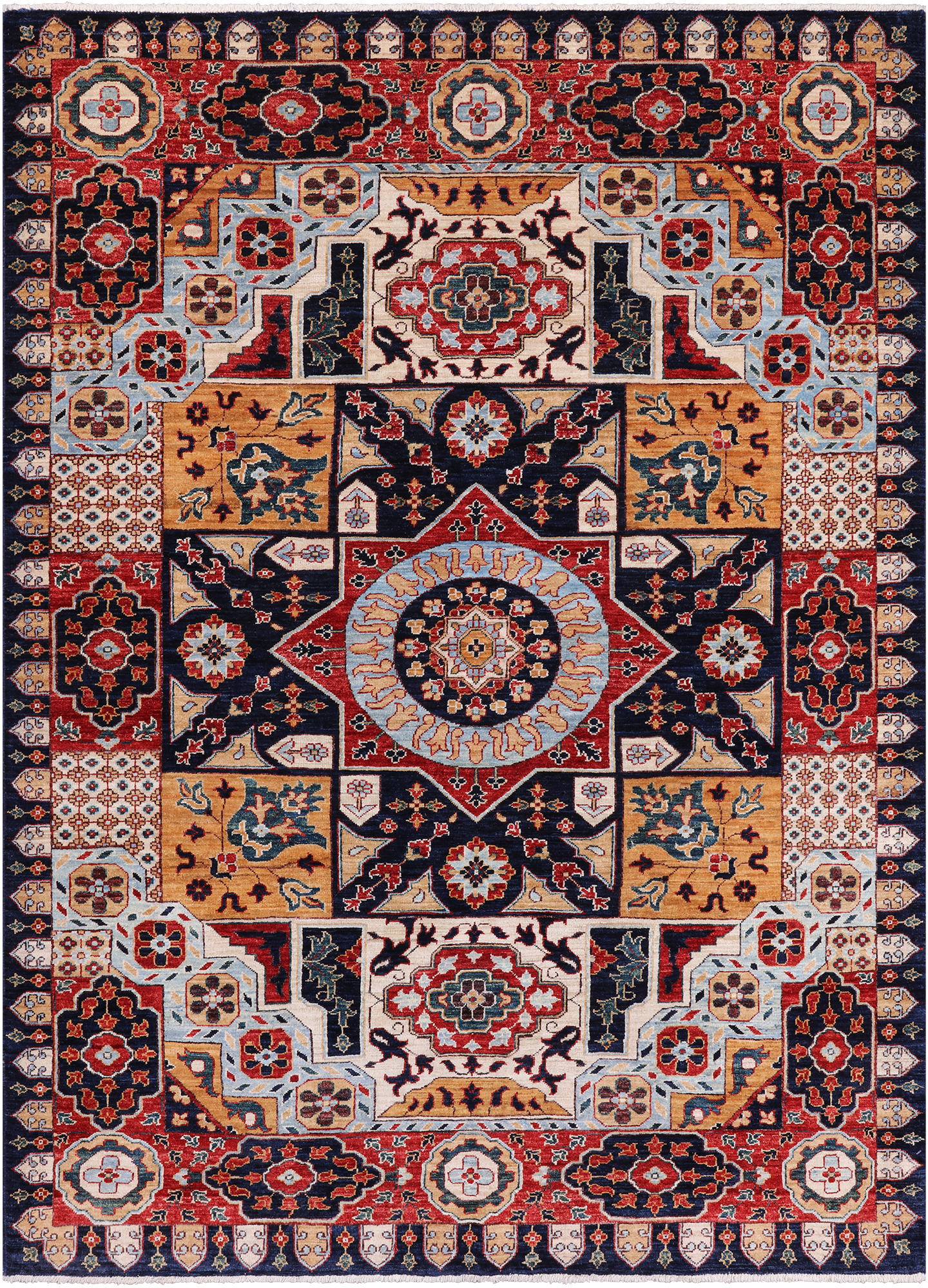 Blue Geometric Persian Mamluk Handmade Wool Rug - 5' 7" X 7' 9"