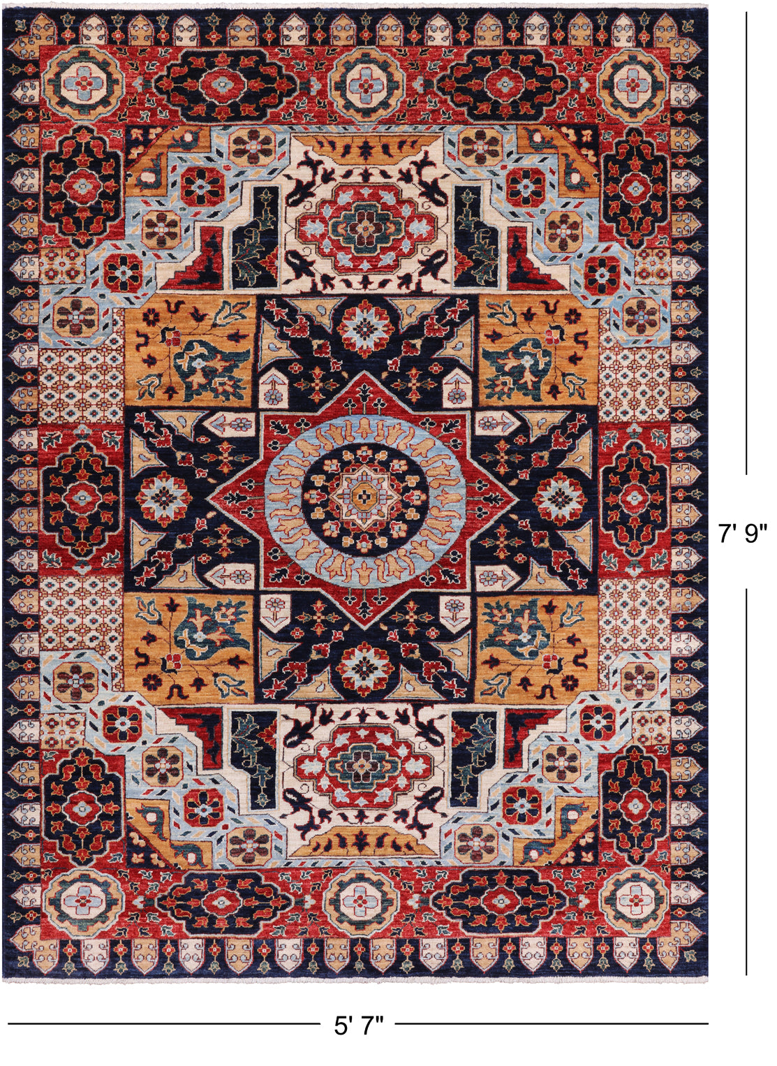 Blue Geometric Persian Mamluk Handmade Wool Rug - 5' 7" X 7' 9"
