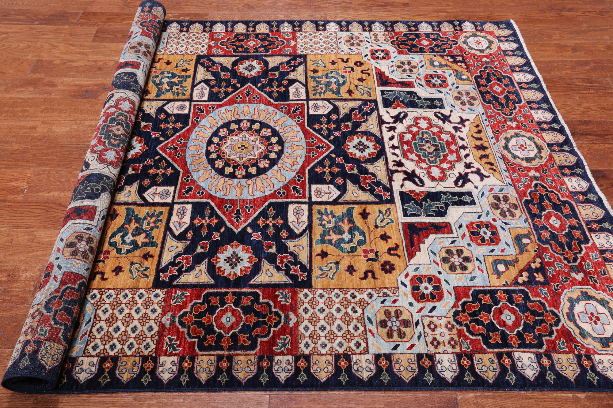 Blue Geometric Persian Mamluk Handmade Wool Rug - 5' 7" X 7' 9"