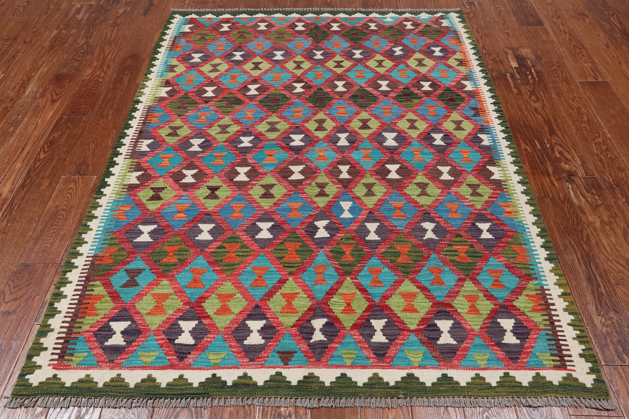 SUPER SALE Reversible Kilim Flat Weave Wool On Wool Rug - 5' 0" X 6' 7"