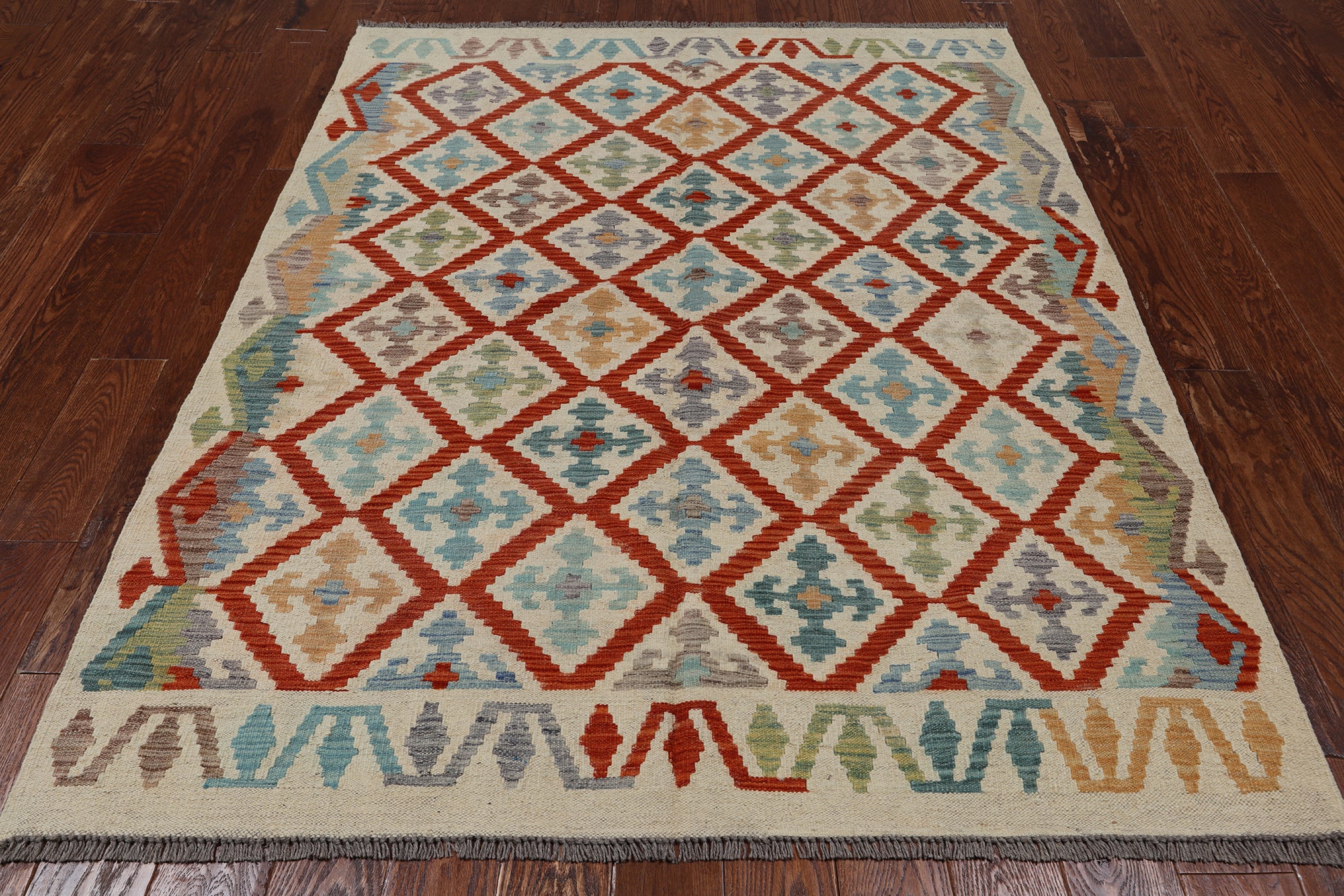 SUPER SALE Reversible Kilim Flat Weave Wool On Wool Rug - 5' 2" X 6' 6"