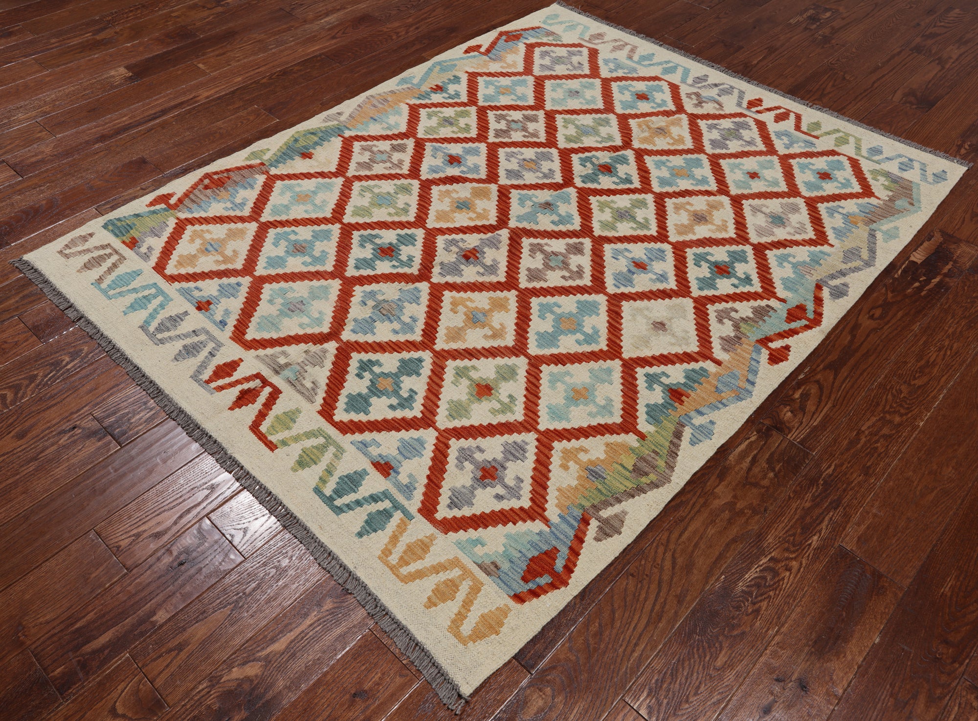 SUPER SALE Reversible Kilim Flat Weave Wool On Wool Rug - 5' 2" X 6' 6"