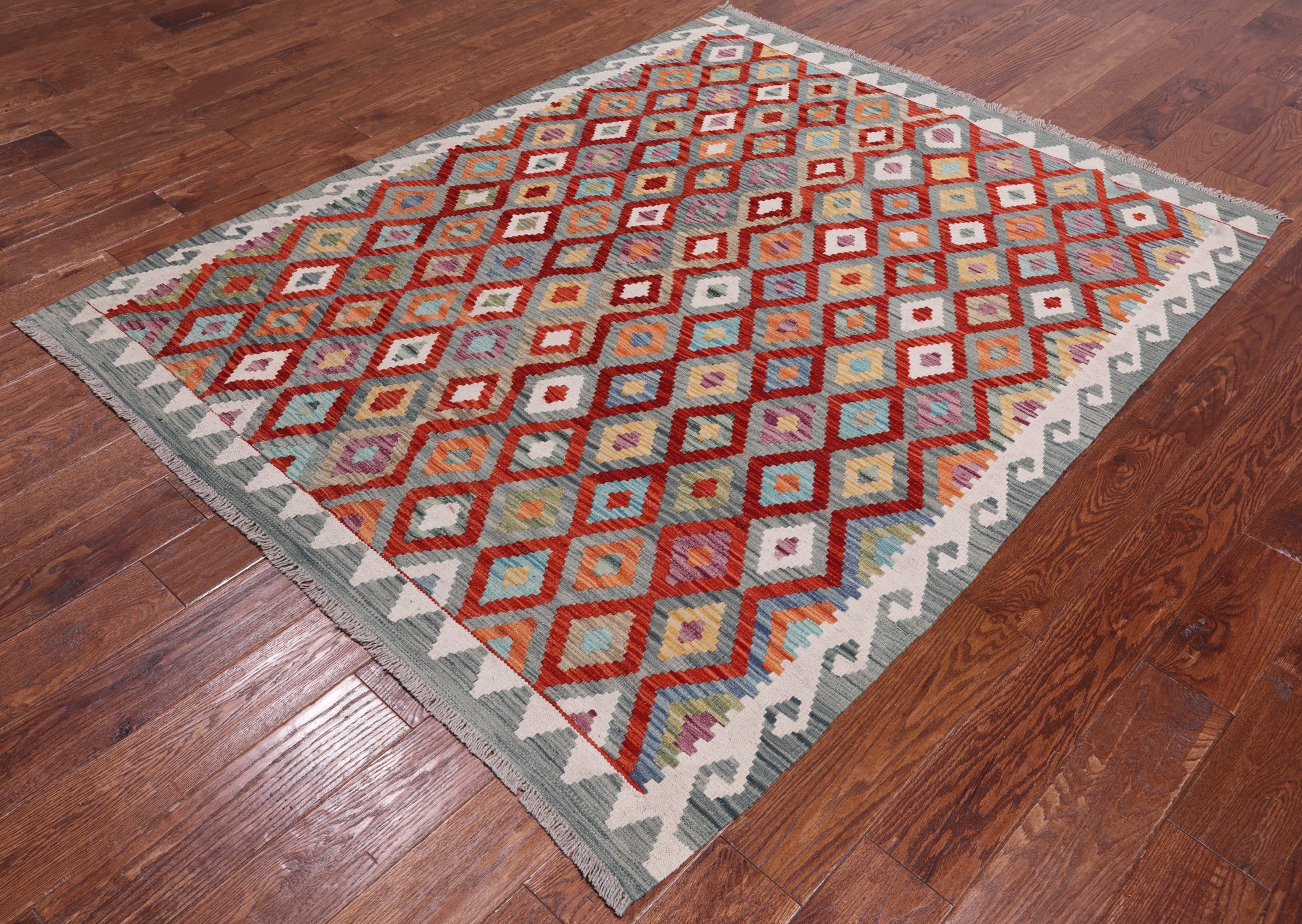 SUPER SALE Reversible Kilim Flat Weave Wool On Wool Rug - 5' 1" X 6' 5"