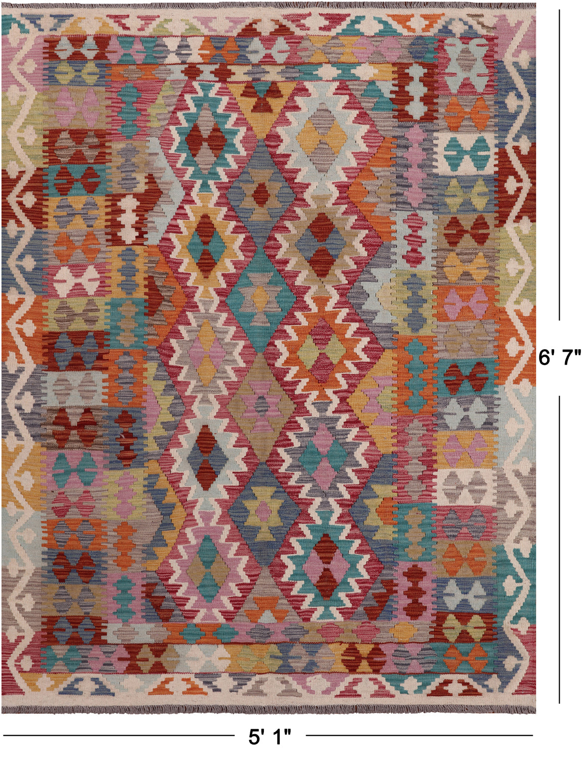 SUPER SALE Reversible Kilim Flat Weave Wool On Wool Rug - 5' 1" X 6' 7"