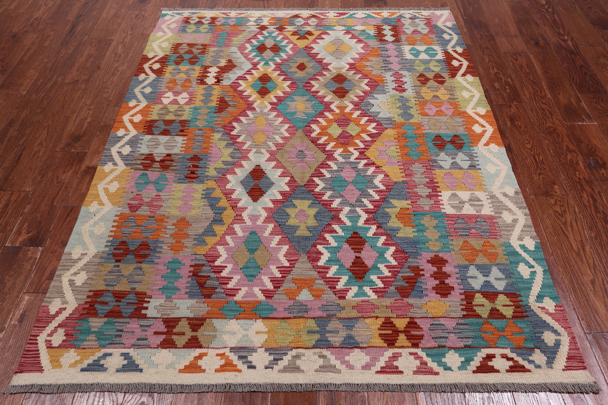 SUPER SALE Reversible Kilim Flat Weave Wool On Wool Rug - 5' 1" X 6' 7"