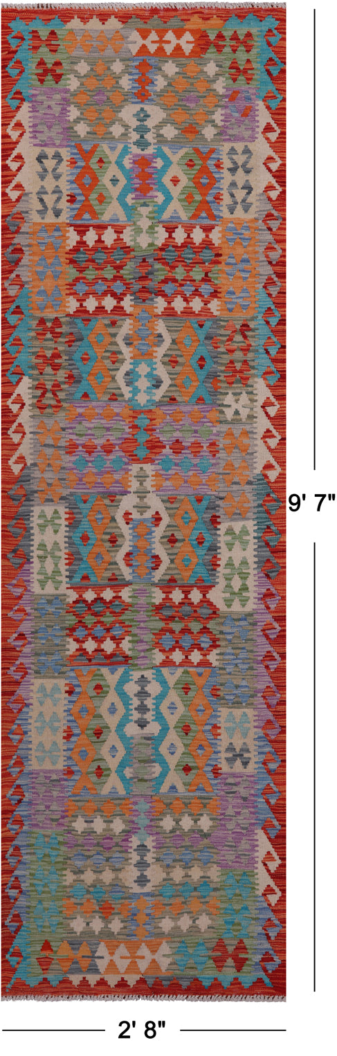 SUPER SALE Reversible Kilim Flat Weave Wool On Wool Runner Rug - 2' 8" X 9' 7"