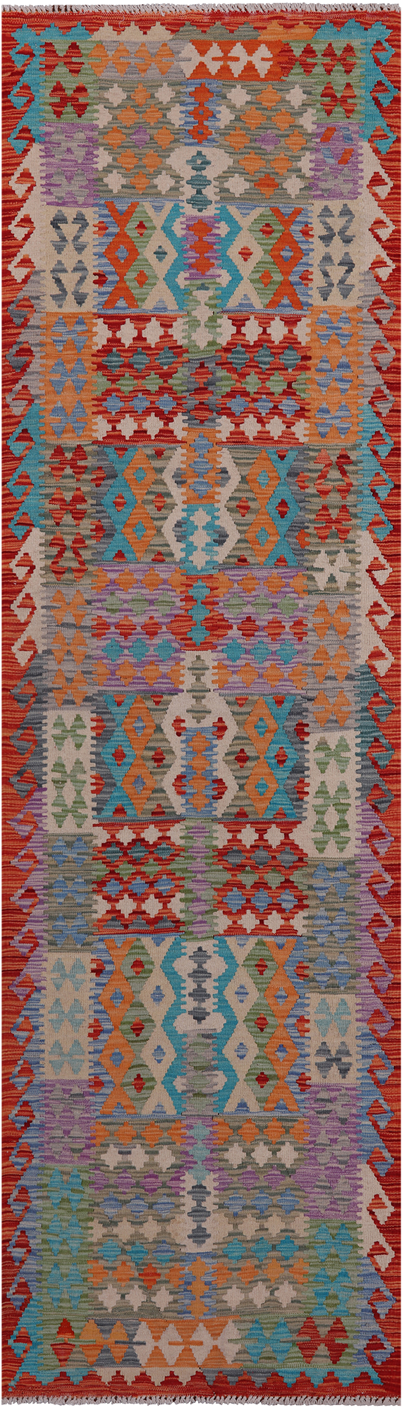 SUPER SALE Reversible Kilim Flat Weave Wool On Wool Runner Rug - 2' 8" X 9' 7"