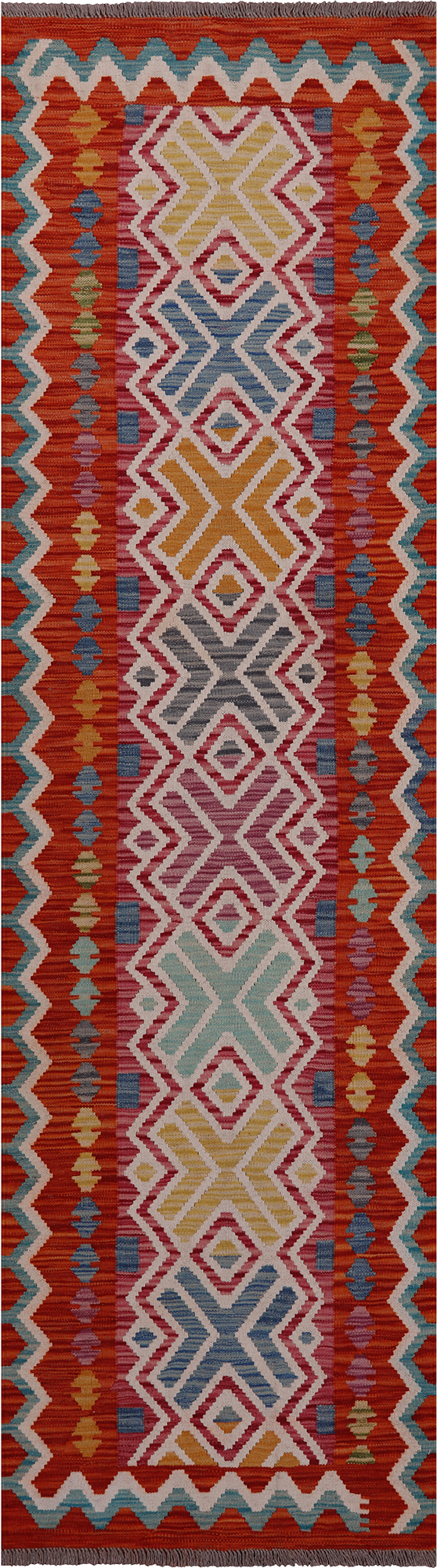SUPER SALE Reversible Kilim Flat Weave Wool On Wool Runner Rug - 2' 8" X 9' 7"