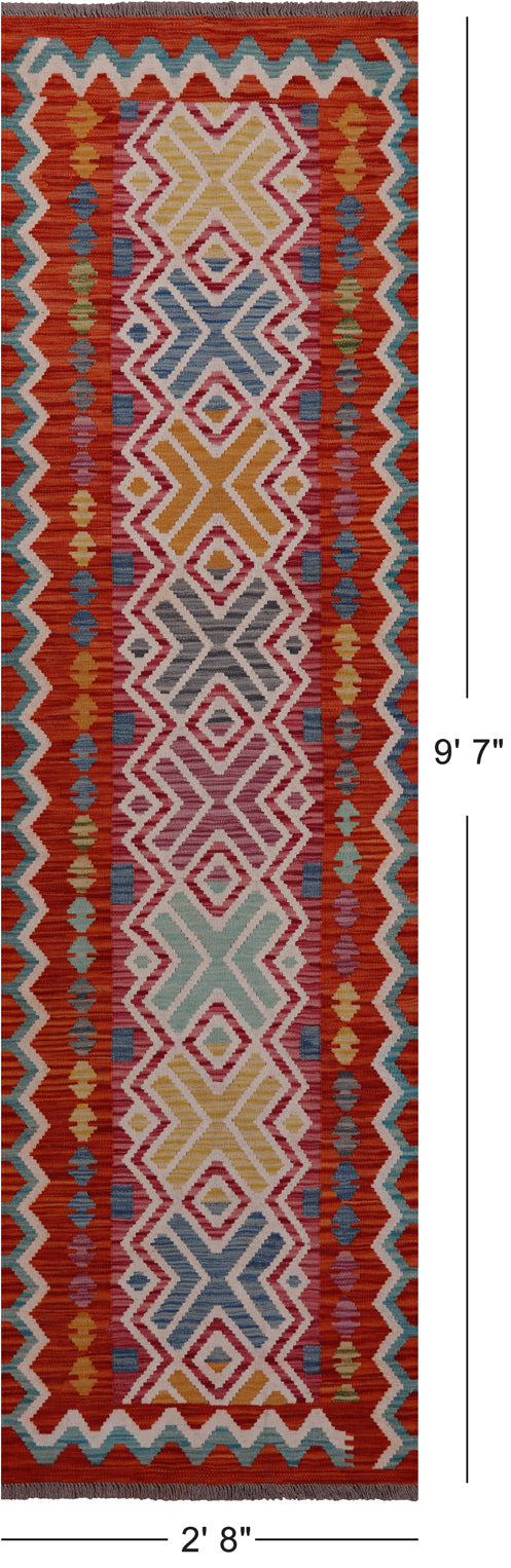SUPER SALE Reversible Kilim Flat Weave Wool On Wool Runner Rug - 2' 8" X 9' 7"