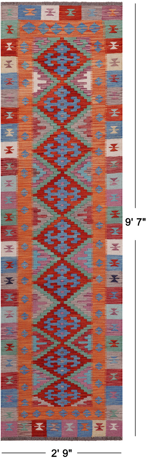 SUPER SALE Reversible Kilim Flat Weave Wool On Wool Runner Rug - 2' 9" X 9' 7"