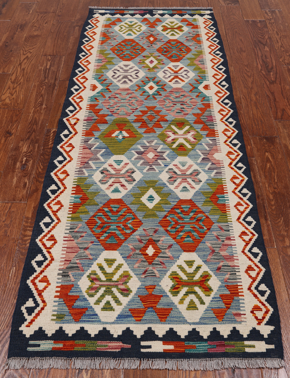 SUPER SALE Reversible Kilim Flat Weave Wool On Wool Runner Rug - 2' 8" X 7' 7"