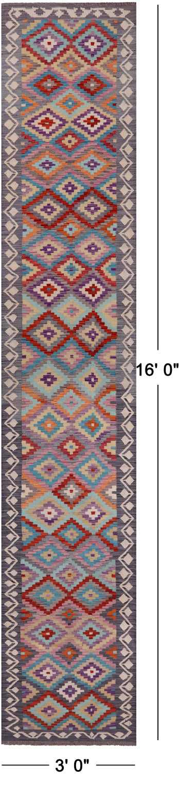 SUPER SALE Reversible Kilim Flat Weave Wool On Wool Runner Rug - 3' 0" X 16' 0"