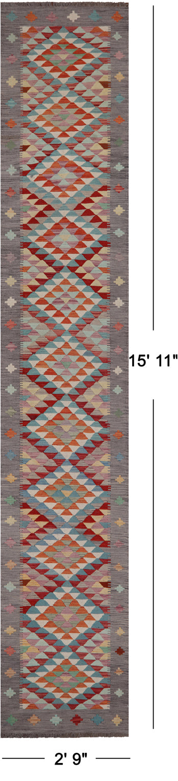 SUPER SALE Reversible Kilim Flat Weave Wool On Wool Runner Rug - 2' 9" X 15' 11"