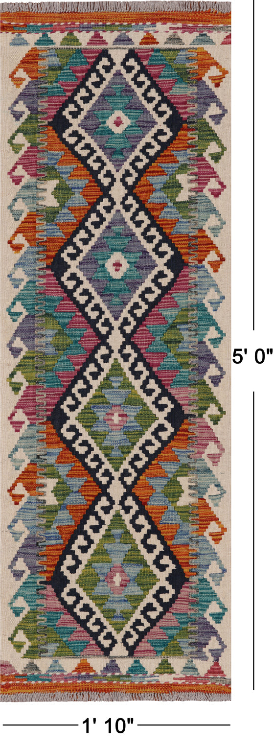 SUPER SALE Reversible Kilim Flat Weave Wool On Wool Runner Rug - 1' 10" X 5' 0"