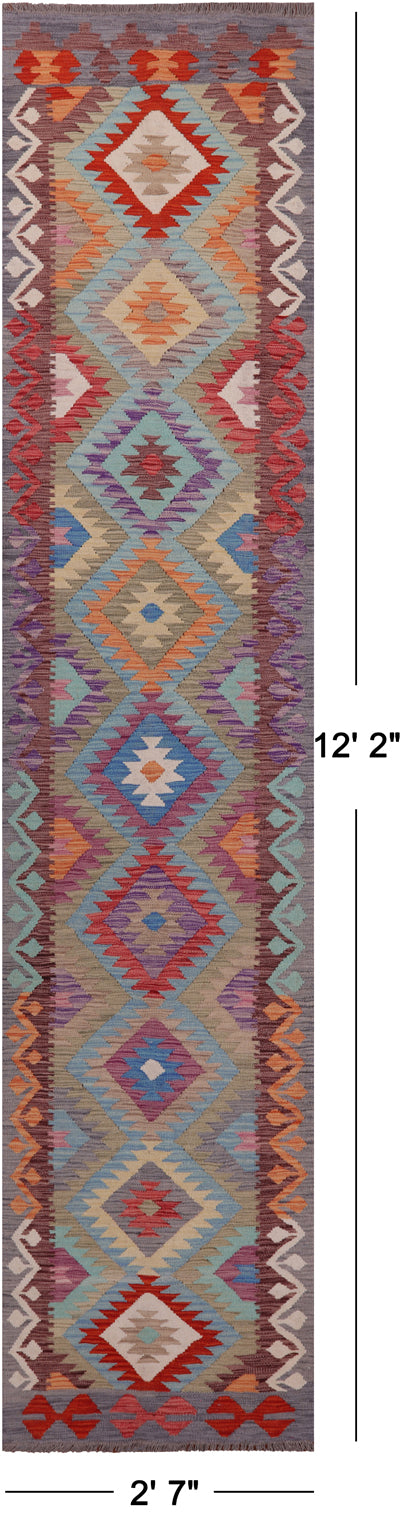 SUPER SALE Reversible Kilim Flat Weave Wool On Wool Runner Rug - 2' 7" X 12' 2"