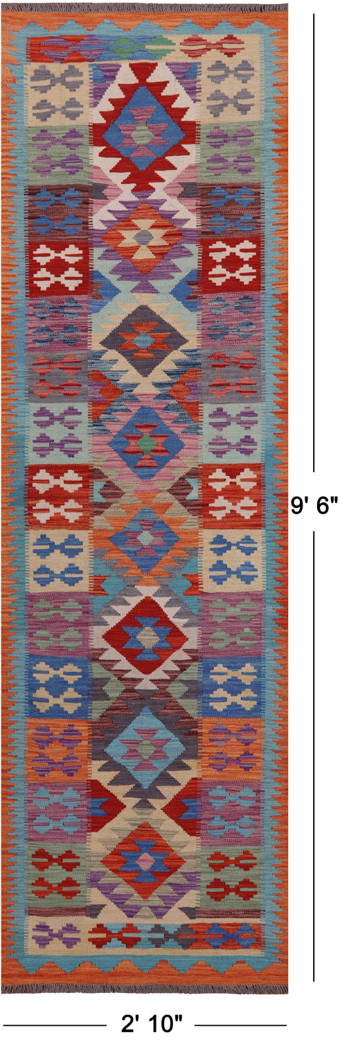 SUPER SALE Reversible Kilim Flat Weave Wool On Wool Runner Rug - 2' 10" X 9' 6"
