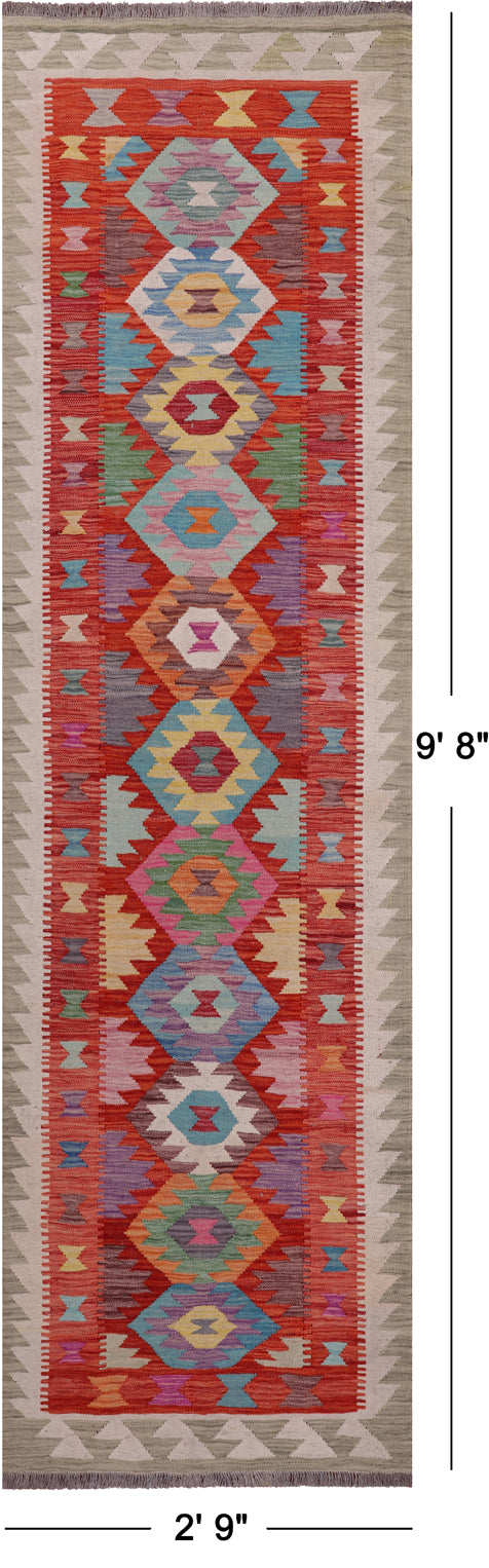 SUPER SALE Reversible Kilim Flat Weave Wool On Wool Runner Rug - 2' 9" X 9' 8"