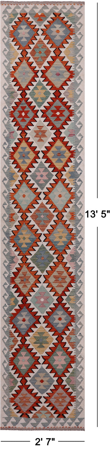 SUPER SALE Reversible Kilim Flat Weave Wool On Wool Runner Rug - 2' 7" X 13' 5"