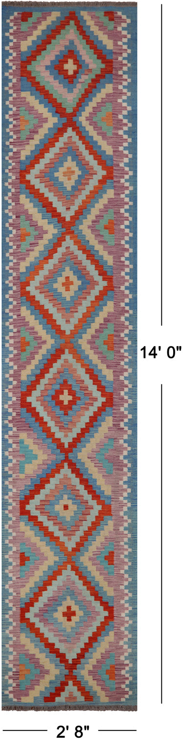 SUPER SALE Reversible Kilim Flat Weave Wool On Wool Runner Rug - 2' 8" X 14' 0"