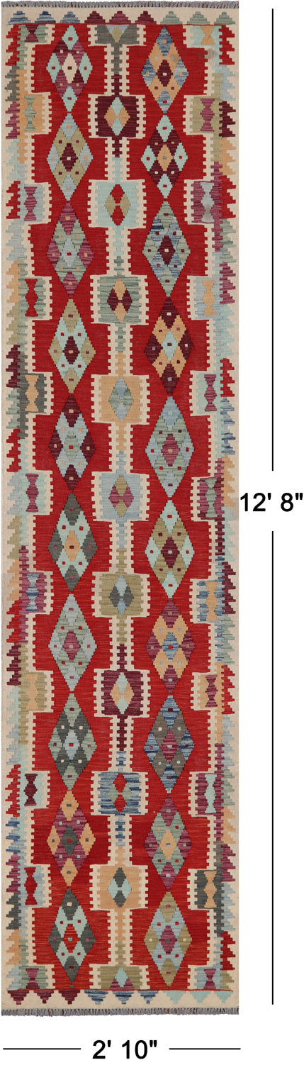 SUPER SALE Reversible Kilim Flat Weave Wool On Wool Runner Rug - 2' 10" X 12' 8"