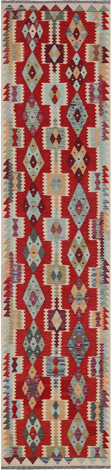 SUPER SALE Reversible Kilim Flat Weave Wool On Wool Runner Rug - 2' 10" X 12' 8"