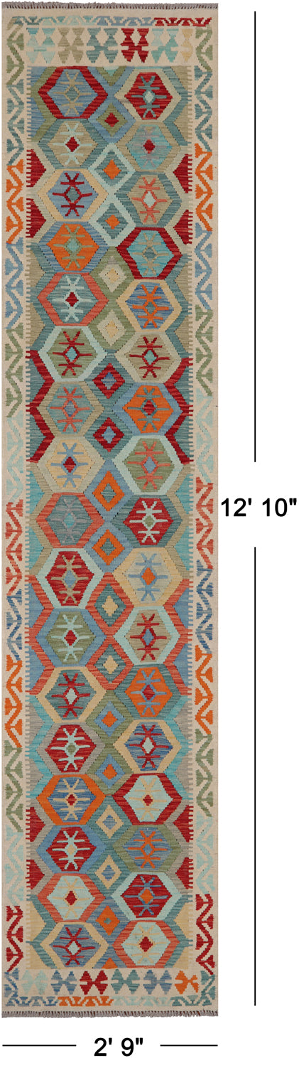 SUPER SALE Reversible Kilim Flat Weave Wool On Wool Runner Rug - 2' 9" X 12' 10"