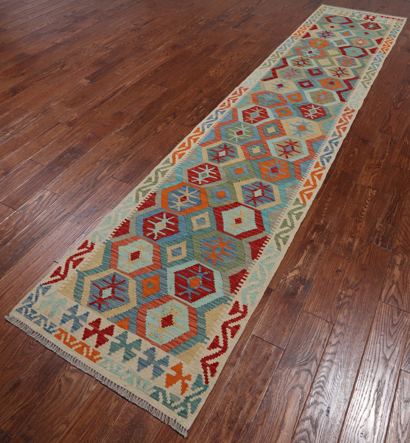SUPER SALE Reversible Kilim Flat Weave Wool On Wool Runner Rug - 2' 9" X 12' 10"
