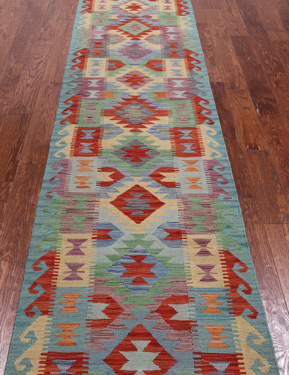 SUPER SALE Reversible Kilim Flat Weave Wool On Wool Runner Rug - 2' 8" X 12' 10"