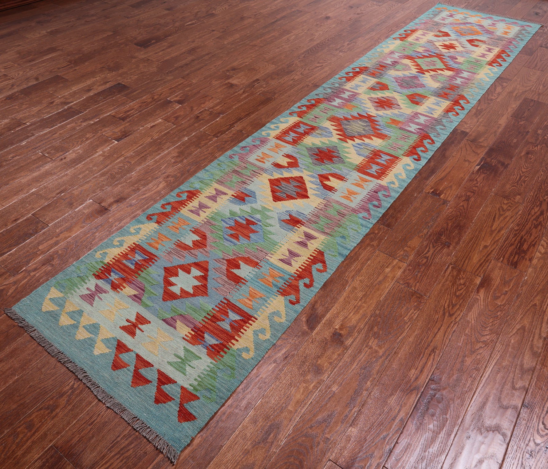 SUPER SALE Reversible Kilim Flat Weave Wool On Wool Runner Rug - 2' 8" X 12' 10"