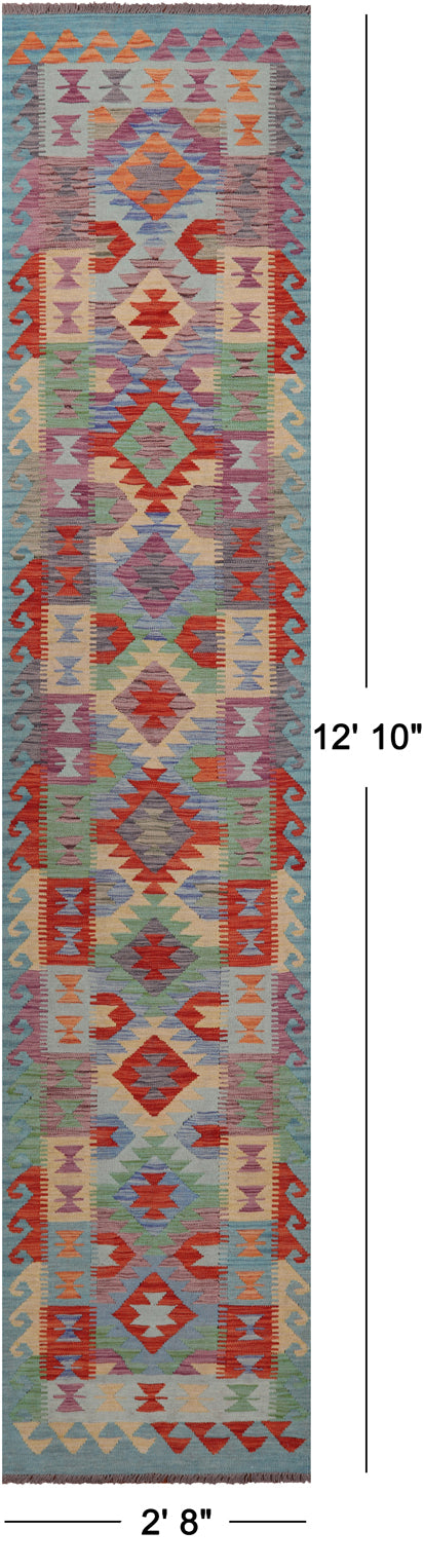 SUPER SALE Reversible Kilim Flat Weave Wool On Wool Runner Rug - 2' 8" X 12' 10"