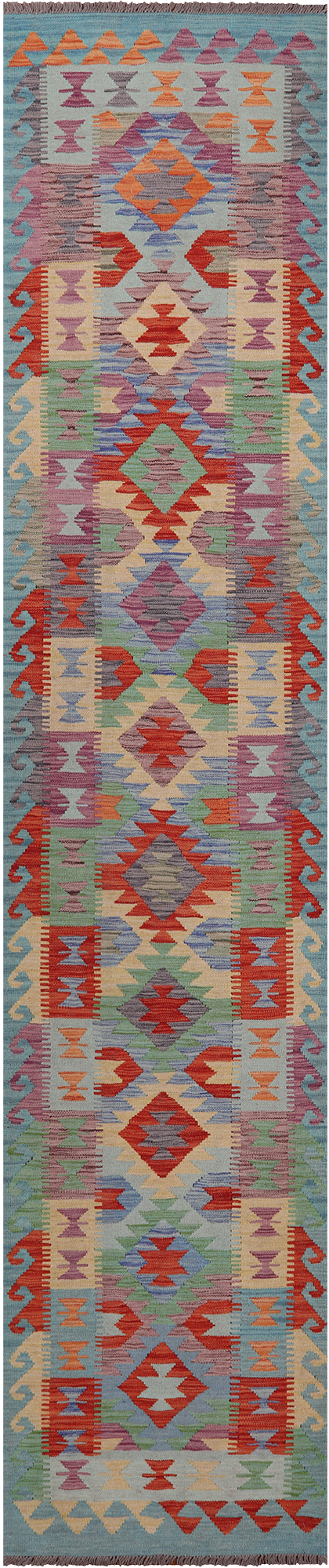 SUPER SALE Reversible Kilim Flat Weave Wool On Wool Runner Rug - 2' 8" X 12' 10"