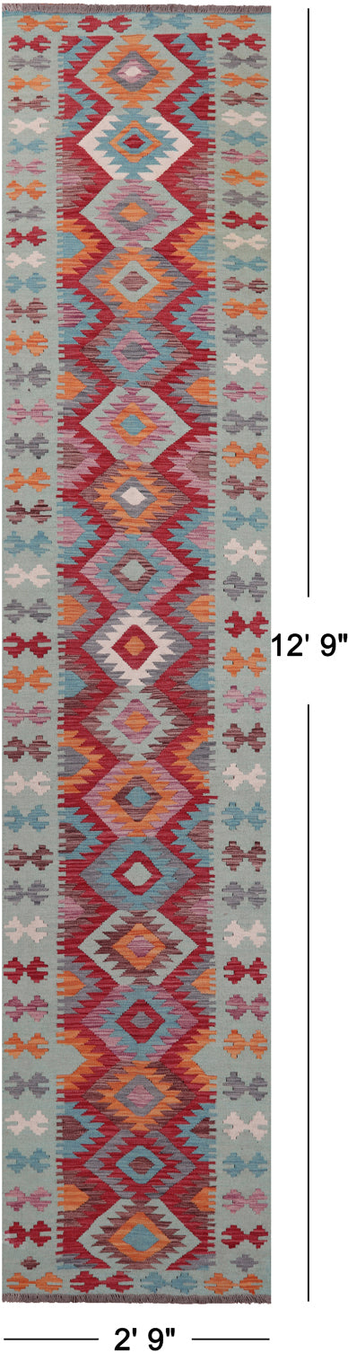 SUPER SALE Reversible Kilim Flat Weave Wool On Wool Runner Rug - 2' 9" X 12' 9"