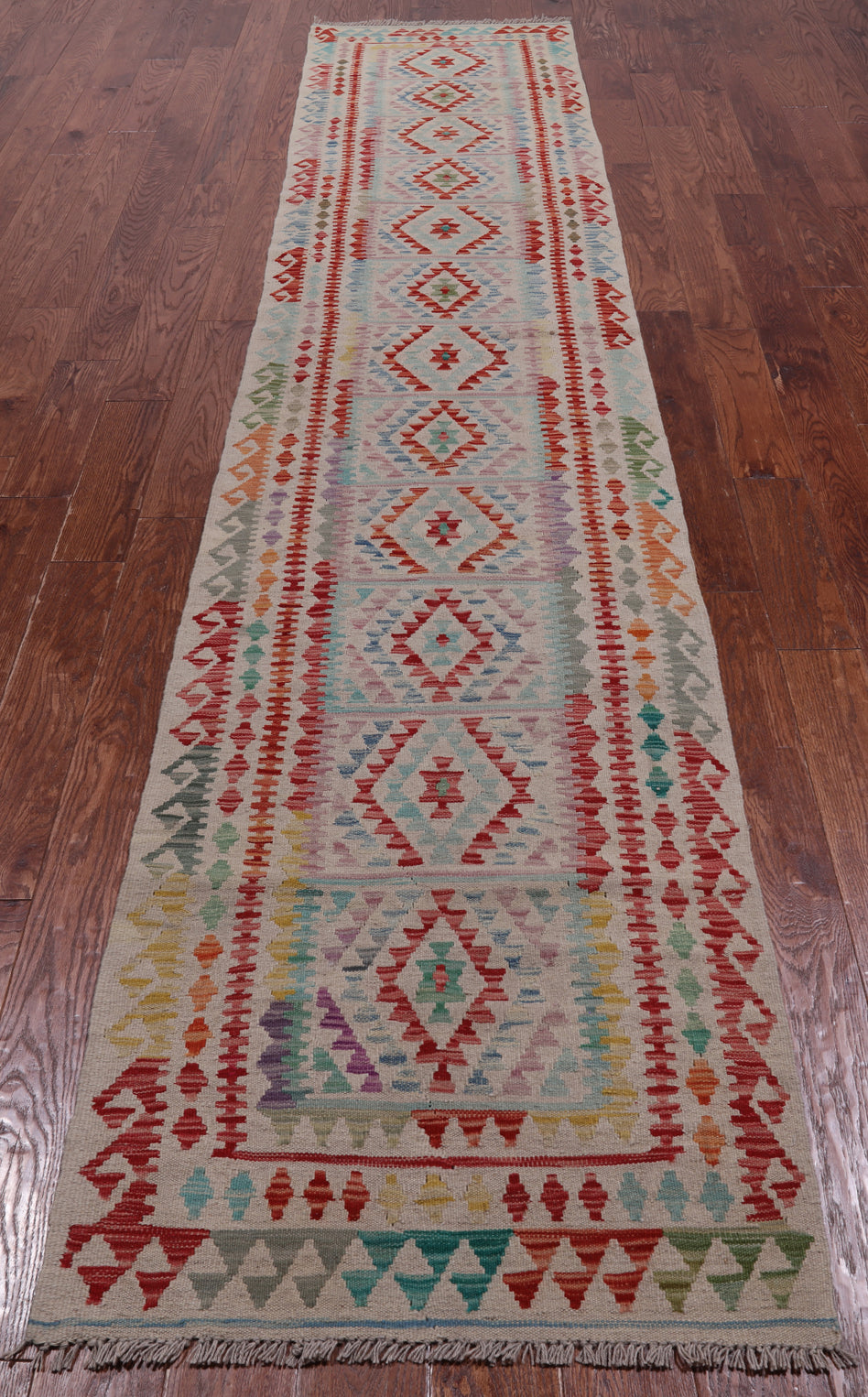 SUPER SALE Reversible Kilim Flat Weave Wool On Wool Runner Rug - 2' 7" X 12' 10"
