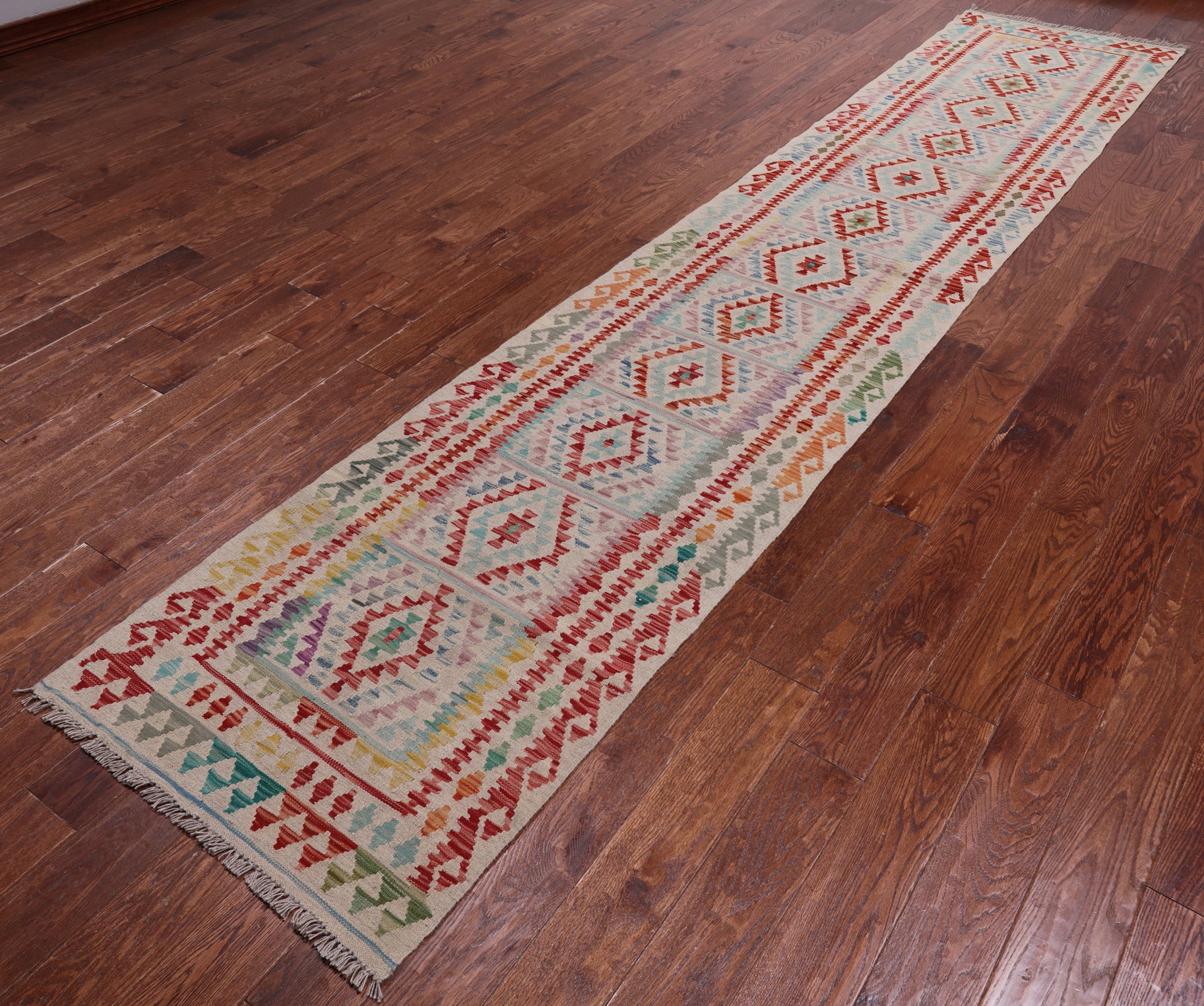 SUPER SALE Reversible Kilim Flat Weave Wool On Wool Runner Rug - 2' 7" X 12' 10"