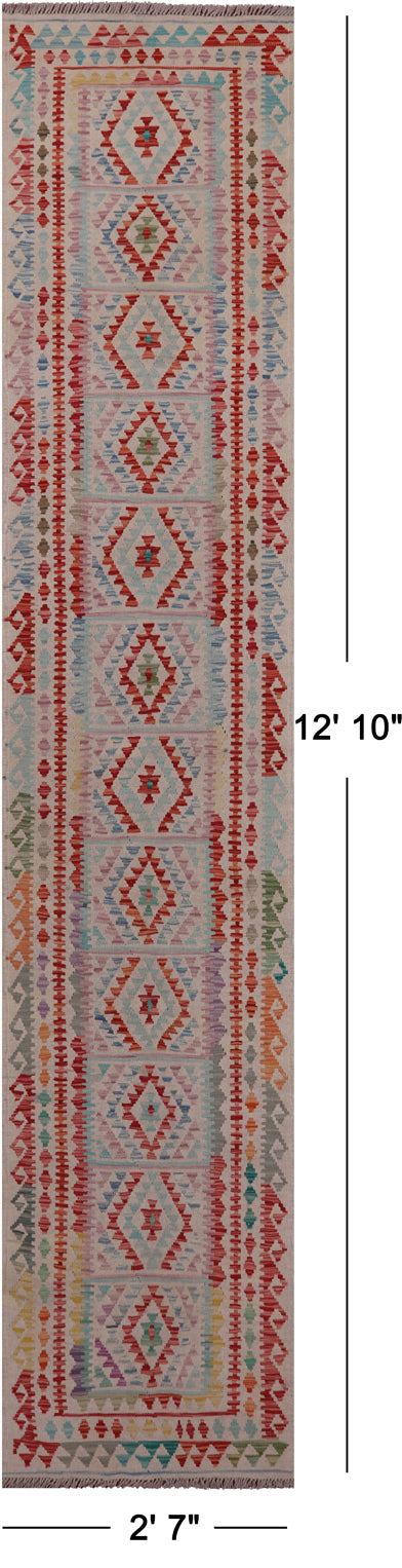 SUPER SALE Reversible Kilim Flat Weave Wool On Wool Runner Rug - 2' 7" X 12' 10"
