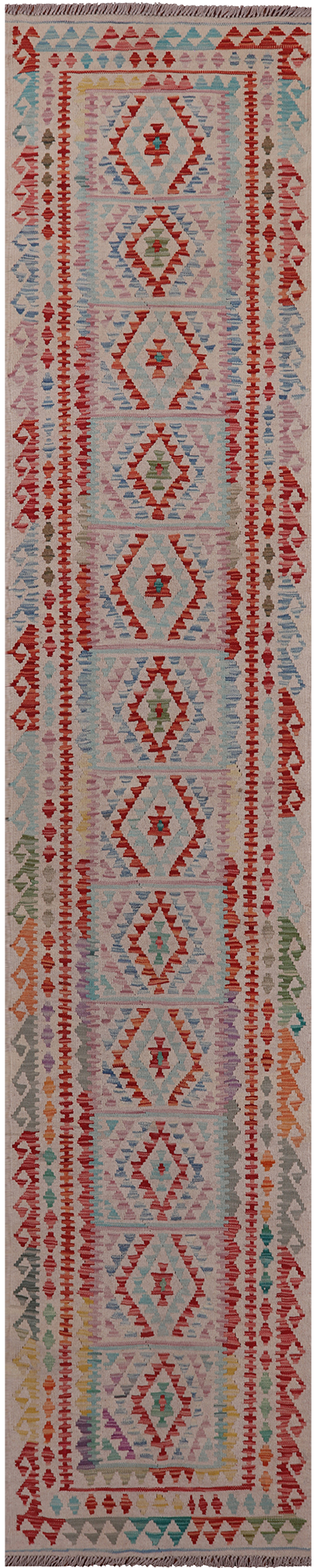 SUPER SALE Reversible Kilim Flat Weave Wool On Wool Runner Rug - 2' 7" X 12' 10"