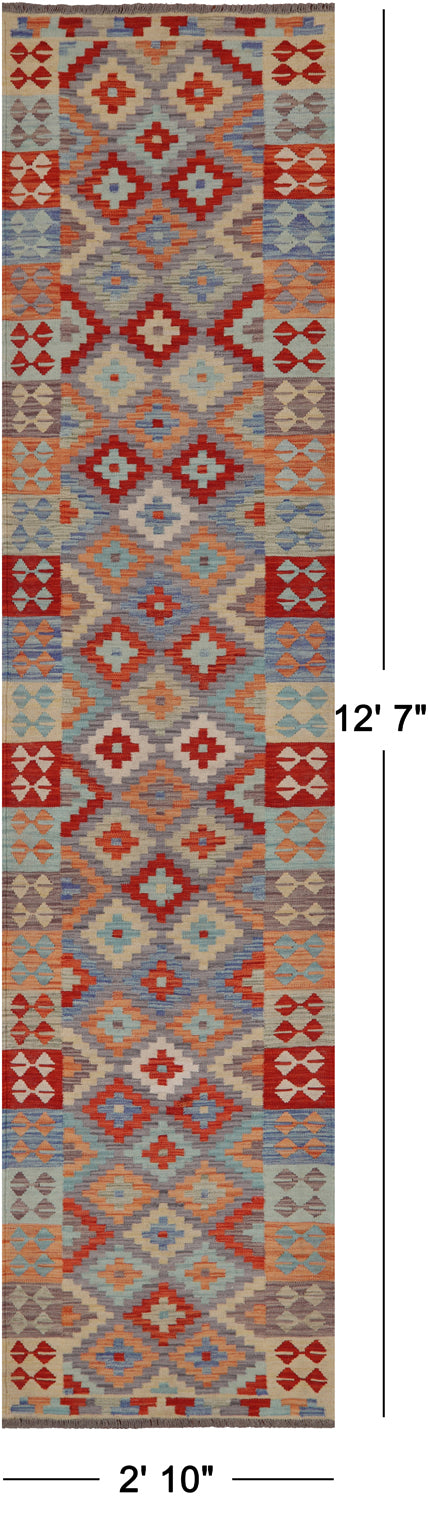 SUPER SALE Reversible Kilim Flat Weave Wool On Wool Runner Rug - 2' 10" X 12' 7"