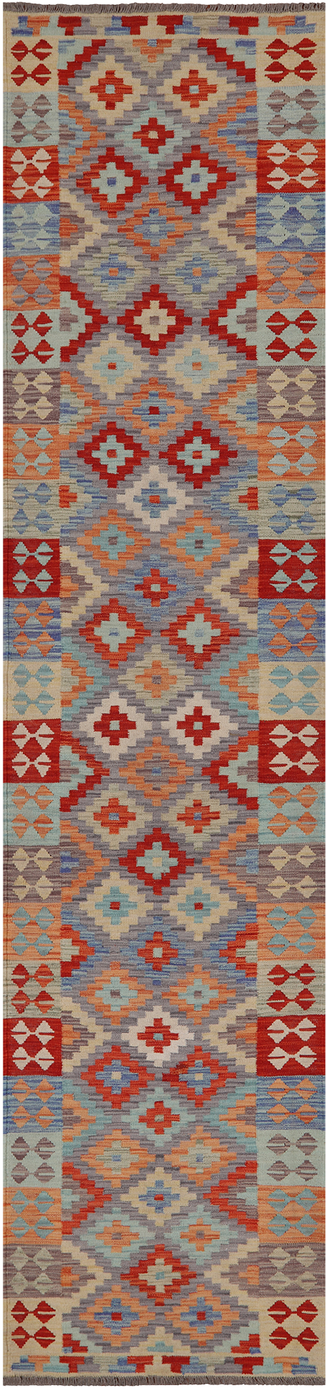 SUPER SALE Reversible Kilim Flat Weave Wool On Wool Runner Rug - 2' 10" X 12' 7"