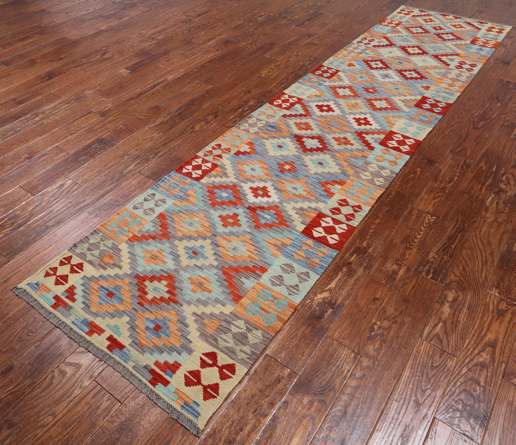 SUPER SALE Reversible Kilim Flat Weave Wool On Wool Runner Rug - 2' 10" X 12' 7"
