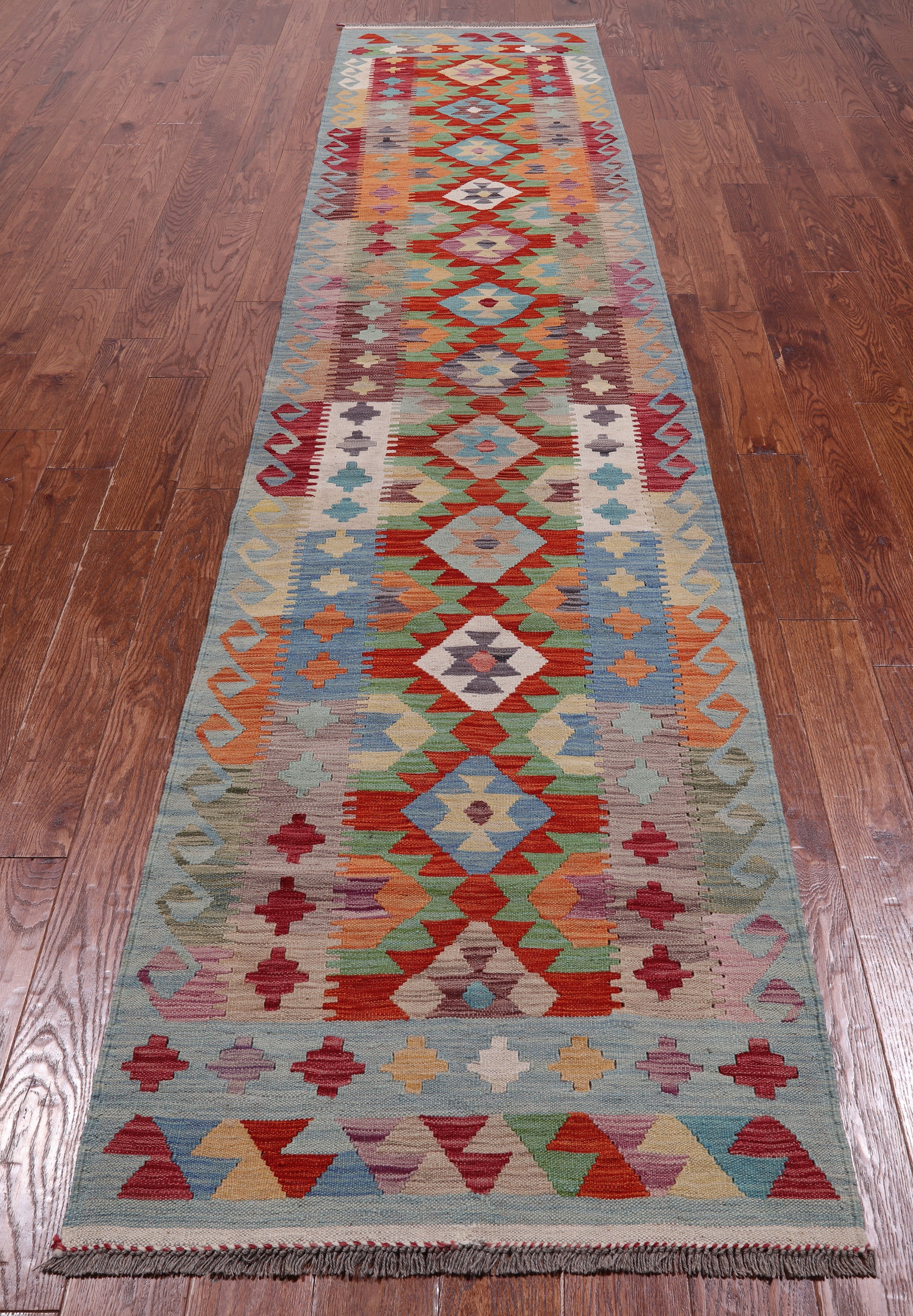 SUPER SALE Reversible Kilim Flat Weave Wool On Wool Runner Rug - 2' 9" X 12' 7"
