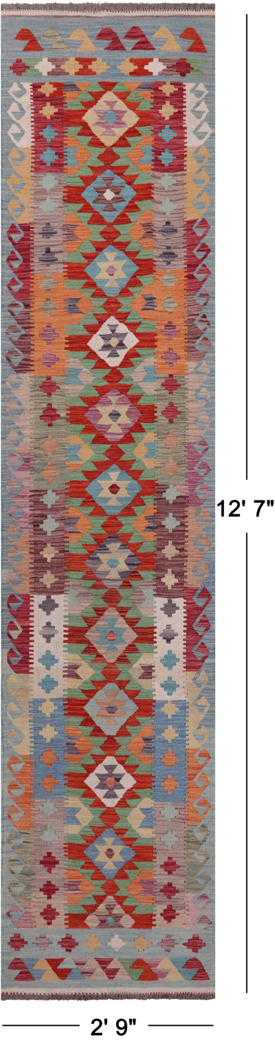 SUPER SALE Reversible Kilim Flat Weave Wool On Wool Runner Rug - 2' 9" X 12' 7"