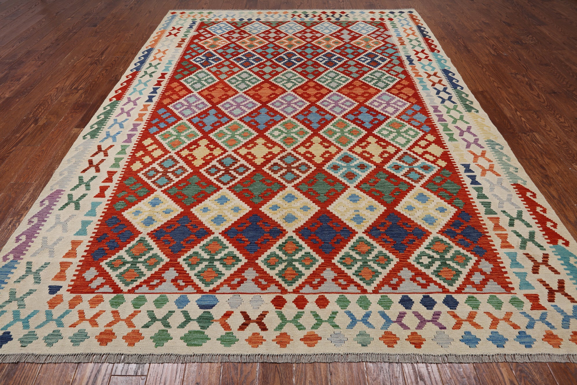 SUPER SALE Reversible Kilim Flat Weave Wool On Wool Rug - 8' 7" X 11' 3"