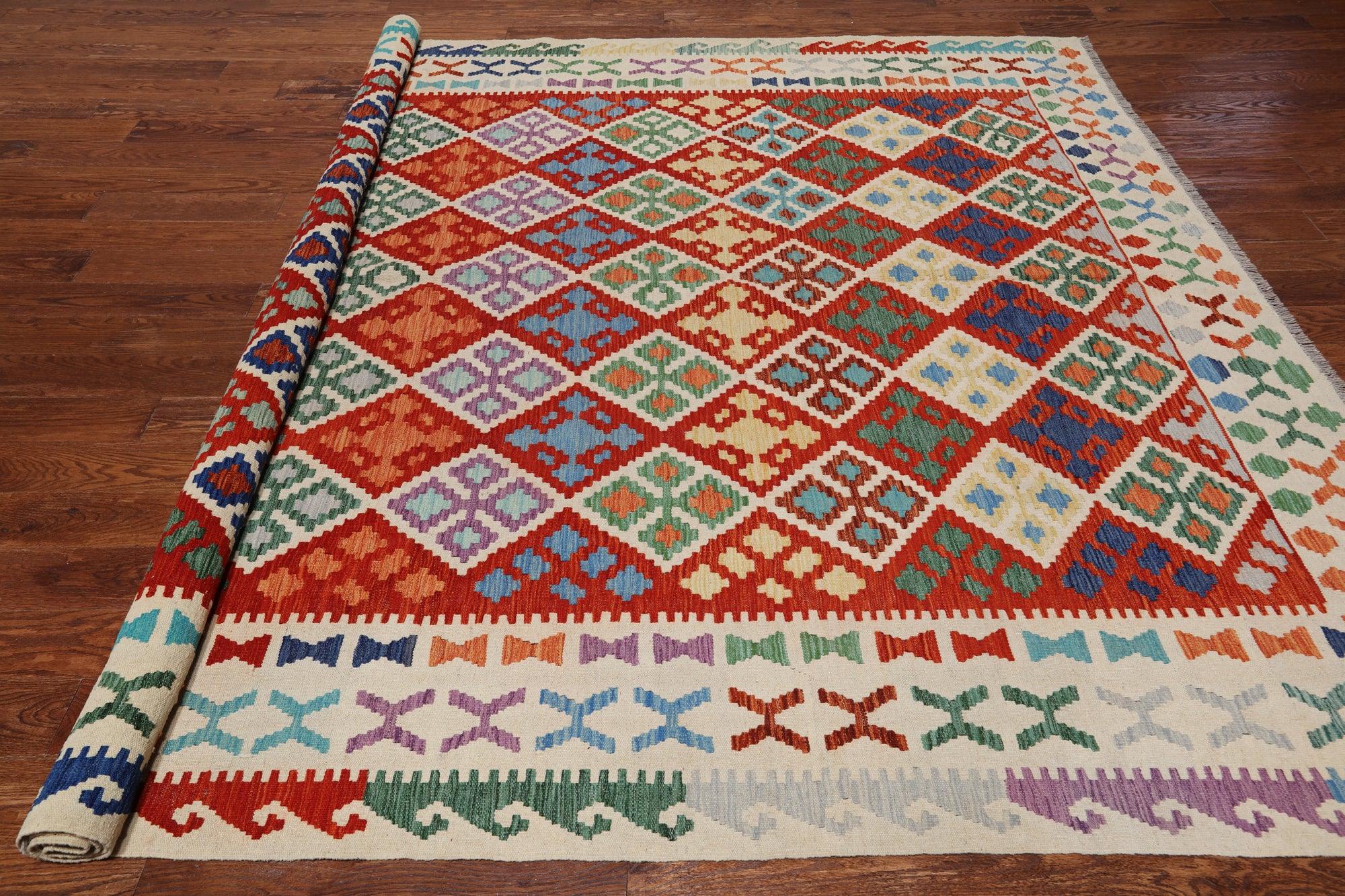 SUPER SALE Reversible Kilim Flat Weave Wool On Wool Rug - 8' 7" X 11' 3"