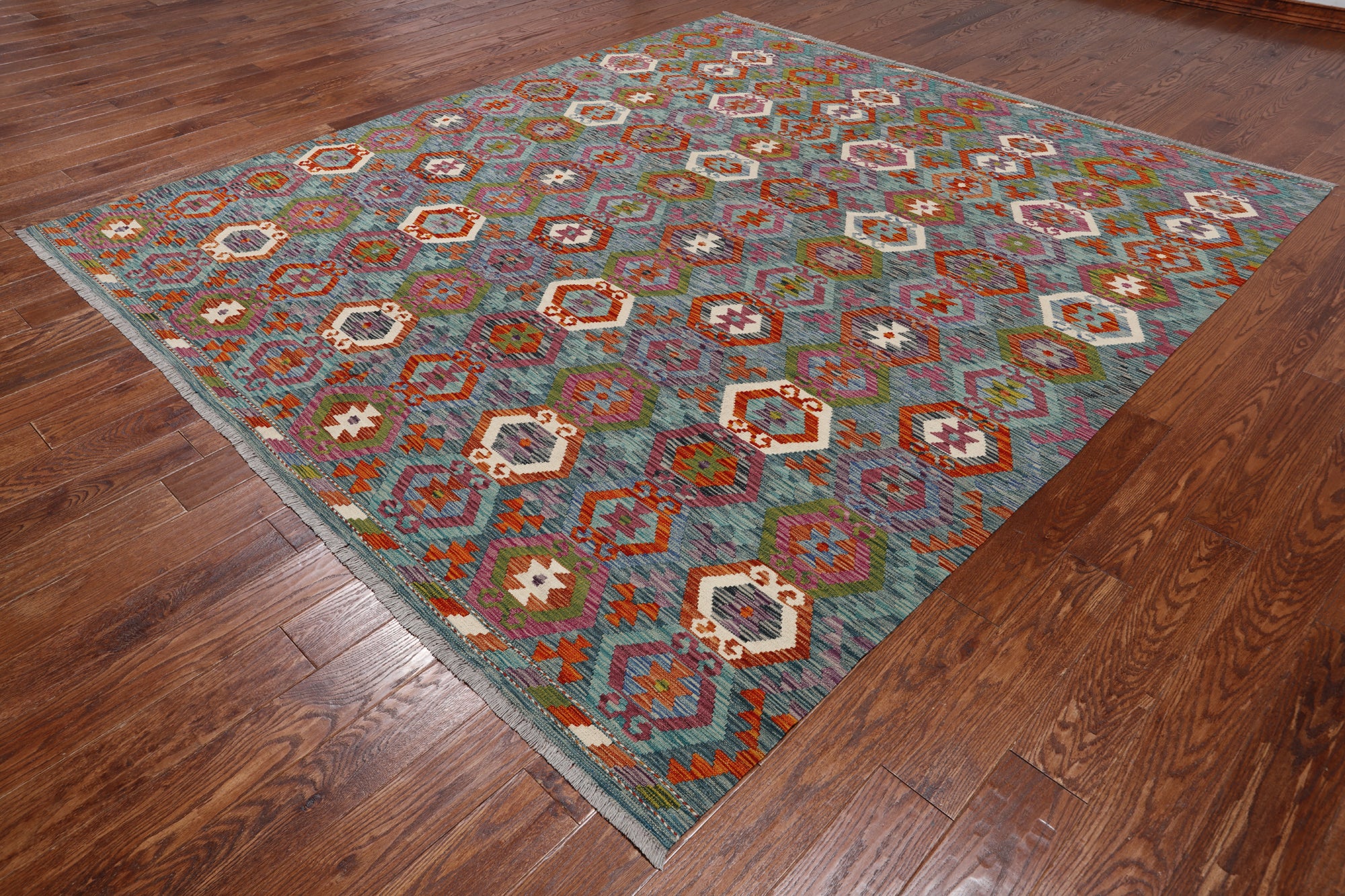 SUPER SALE Reversible Kilim Flat Weave Wool On Wool Rug - 8' 6" X 9' 7"