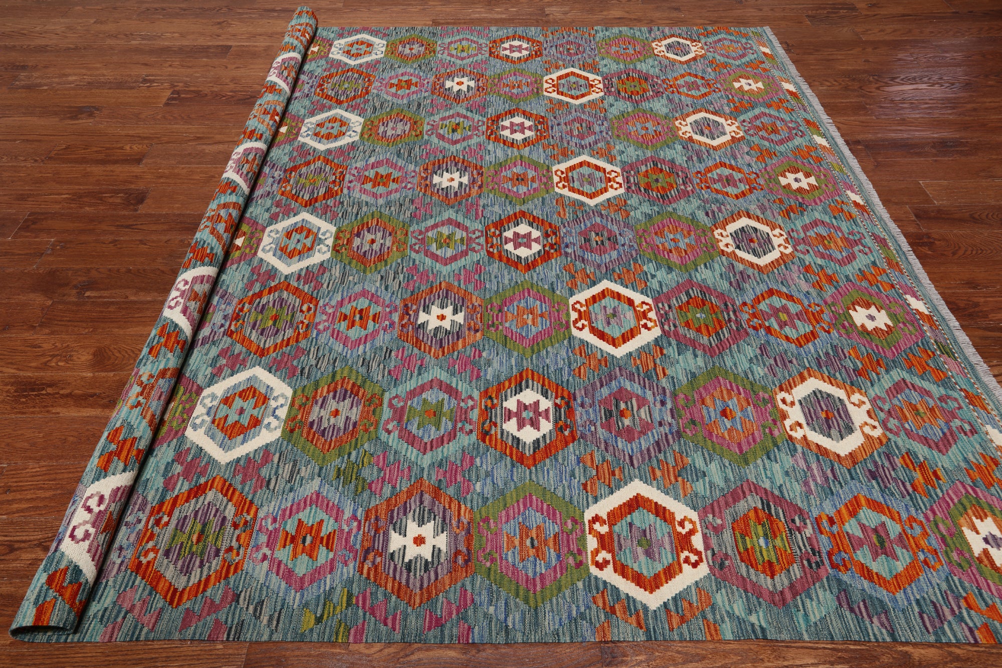 SUPER SALE Reversible Kilim Flat Weave Wool On Wool Rug - 8' 6" X 9' 7"