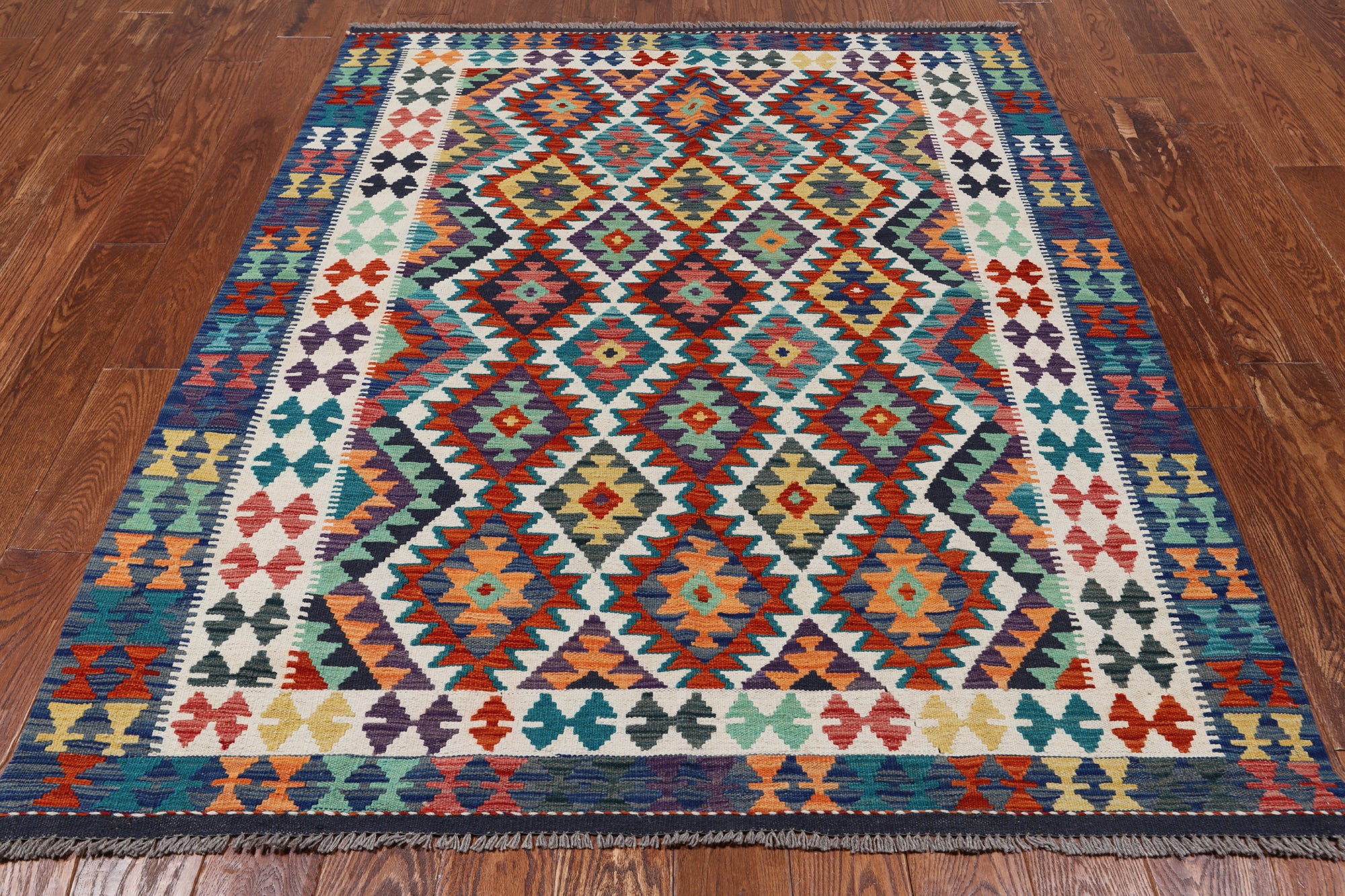SUPER SALE Reversible Kilim Flat Weave Wool On Wool Rug - 5' 1" X 6' 7"