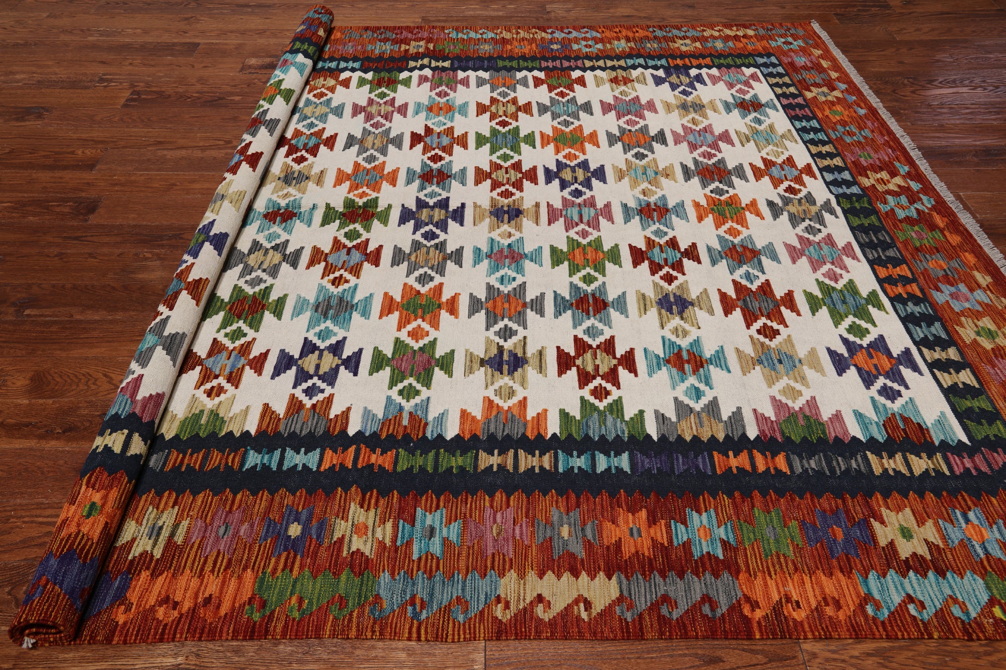 SUPER SALE Reversible Kilim Flat Weave Wool On Wool Rug - 8' 1" X 9' 7"