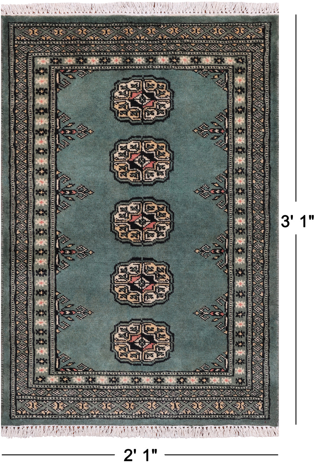 Green Bokhara Hand Knotted Wool Rug - 2' 1" X 3' 1"