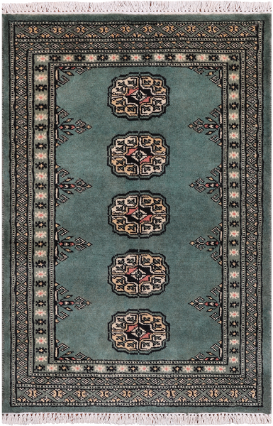 Green Bokhara Hand Knotted Wool Rug - 2' 1" X 3' 1"